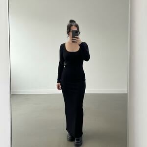 SKIMS Style Black Ribbed Knit Long Sleeve Maxi Dress Size L Stretch Pullover